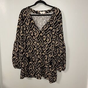 Boden Ikat Print Tassel Tie Peasant Blouse Tan Black Cotton Top Size 16/18R